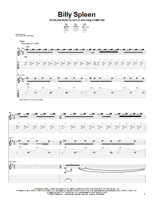 Download Sum 41 Billy Spleen Sheet Music and learn how to play Guitar Tab PDF digital score in minutes