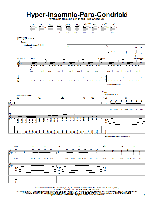 Download Sum 41 Hyper-Insomnia-Para-Condrioid Sheet Music and learn how to play Guitar Tab PDF digital score in minutes