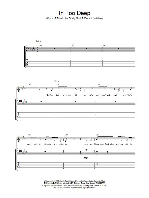 Download Sum 41 In Too Deep Sheet Music and learn how to play Bass Guitar Tab PDF digital score in minutes