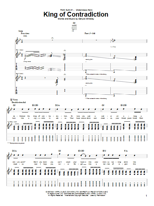 Download Sum 41 King Of Contradiction Sheet Music and learn how to play Guitar Tab PDF digital score in minutes