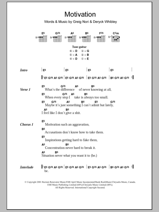 Download Sum 41 Motivation Sheet Music and learn how to play Lyrics & Chords PDF digital score in minutes