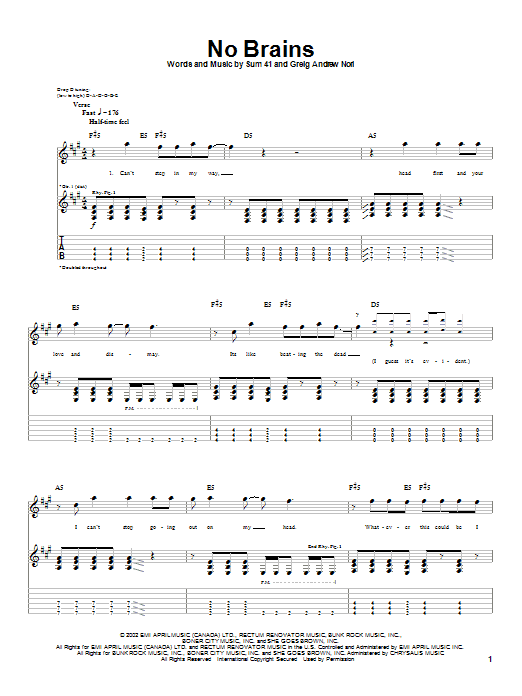 Download Sum 41 No Brains Sheet Music and learn how to play Guitar Tab PDF digital score in minutes