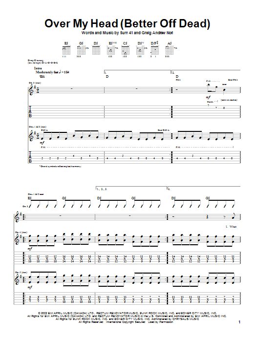 Download Sum 41 Over My Head (Better Off Dead) Sheet Music and learn how to play Guitar Tab PDF digital score in minutes