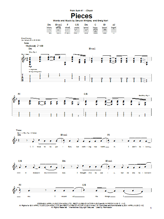Download Sum 41 Pieces Sheet Music and learn how to play Guitar Tab PDF digital score in minutes