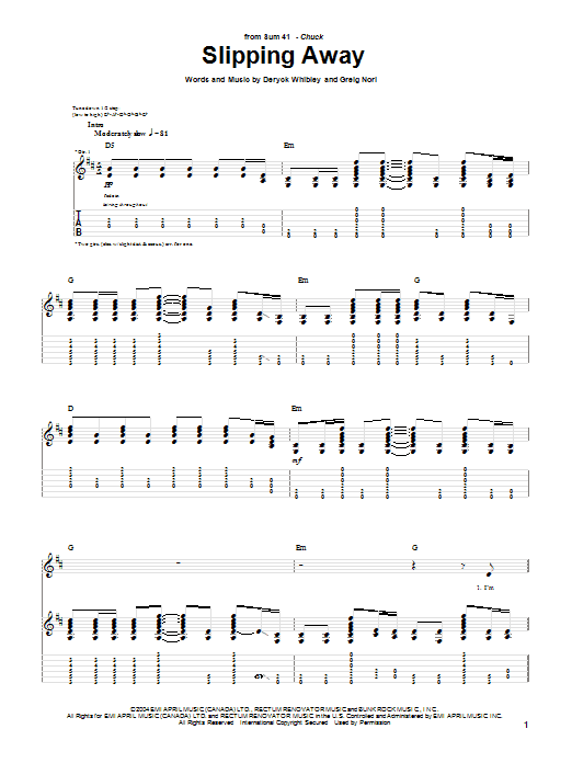 Download Sum 41 Slipping Away Sheet Music and learn how to play Guitar Tab PDF digital score in minutes