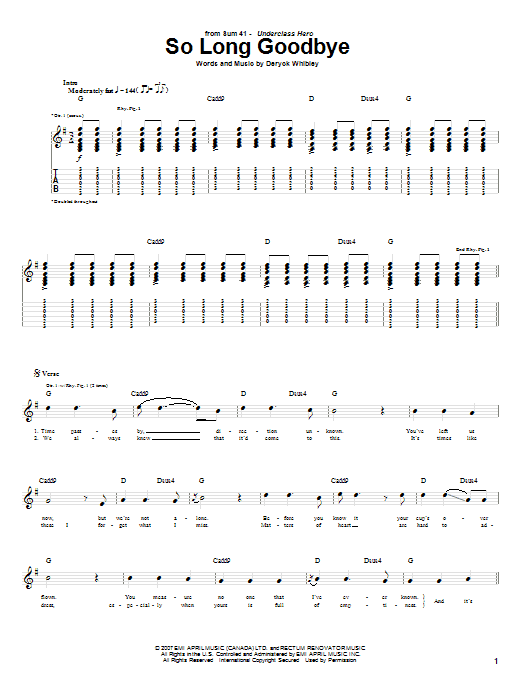 Download Sum 41 So Long Goodbye Sheet Music and learn how to play Guitar Tab PDF digital score in minutes