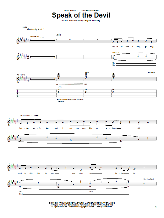 Download Sum 41 Speak Of The Devil Sheet Music and learn how to play Guitar Tab PDF digital score in minutes