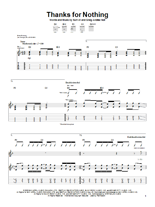Download Sum 41 Thanks For Nothing Sheet Music and learn how to play Guitar Tab PDF digital score in minutes