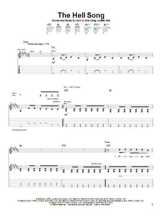 Download Sum 41 The Hell Song Sheet Music and learn how to play Guitar Tab PDF digital score in minutes