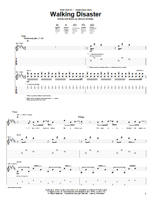 Download Sum 41 Walking Disaster Sheet Music and learn how to play Guitar Tab PDF digital score in minutes