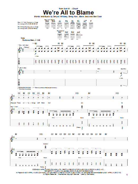 Download Sum 41 We're All To Blame Sheet Music and learn how to play Guitar Tab PDF digital score in minutes