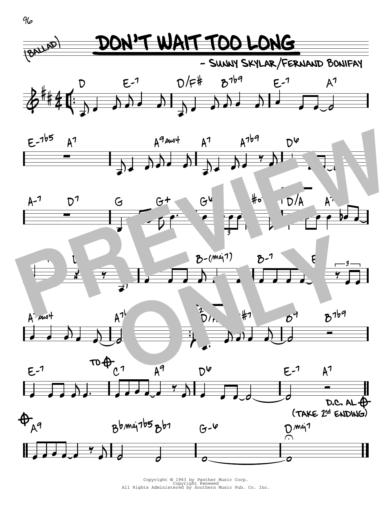 Download Sunny Skylar Don't Wait Too Long Sheet Music and learn how to play Real Book – Melody & Chords PDF digital score in minutes