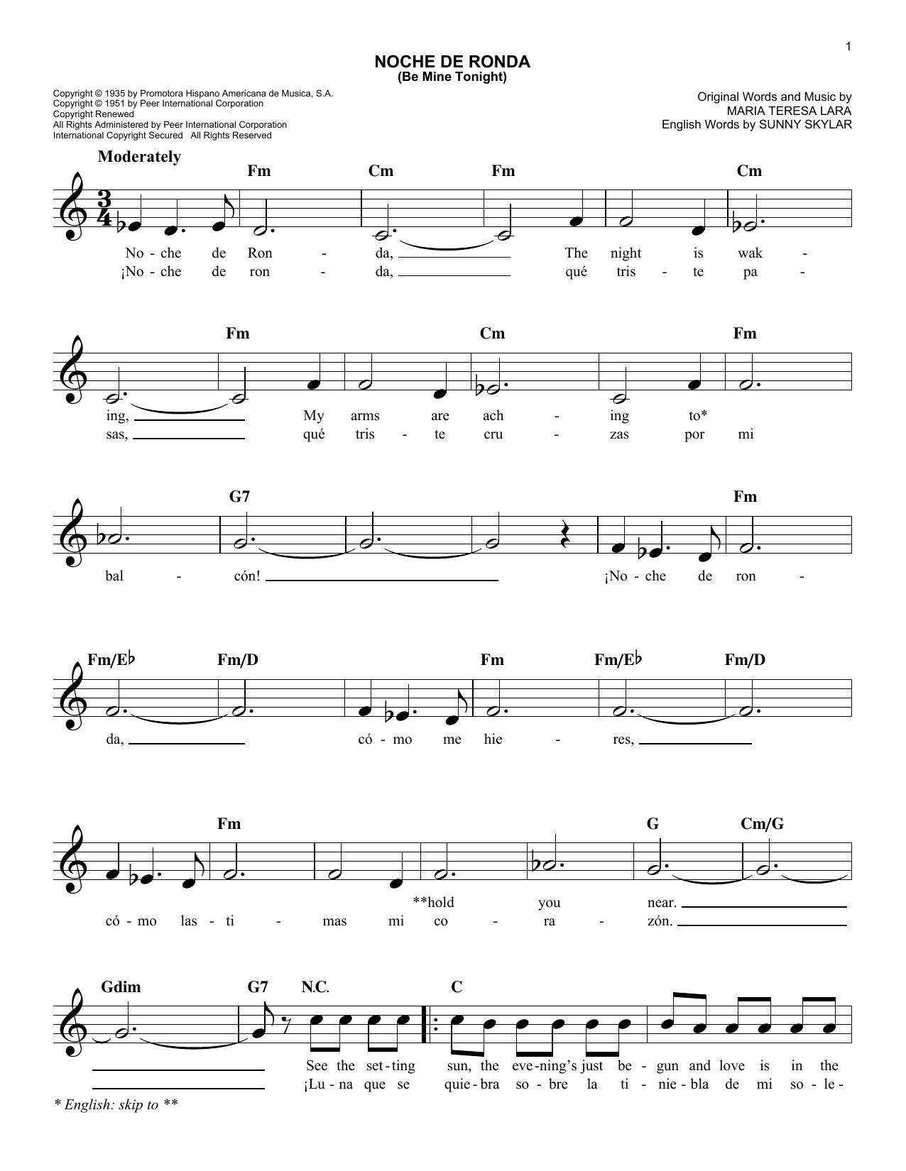 Download Sunny Skylar Noche De Ronda (Be Mine Tonight) Sheet Music and learn how to play Melody Line, Lyrics & Chords PDF digital score in minutes