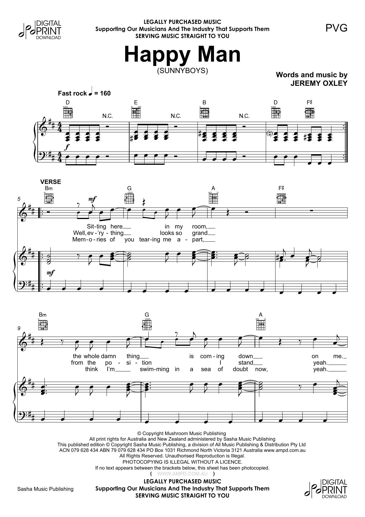 Download Sunnyboys Happy Man Sheet Music and learn how to play Piano, Vocal & Guitar (Right-Hand Melody) PDF digital score in minutes