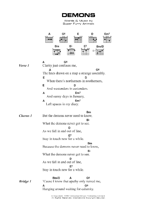 Download Super Furry Animals Demons Sheet Music and learn how to play Lyrics & Chords PDF digital score in minutes