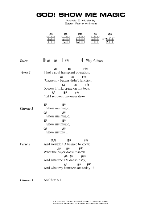 Download Super Furry Animals God! Show Me Magic Sheet Music and learn how to play Lyrics & Chords PDF digital score in minutes
