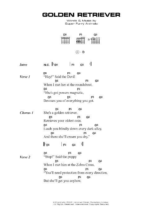 Download Super Furry Animals Golden Retriever Sheet Music and learn how to play Lyrics & Chords PDF digital score in minutes