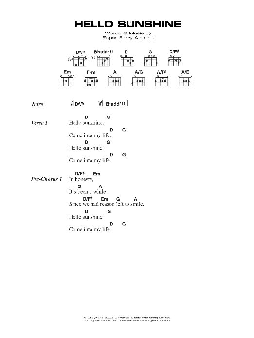 Download Super Furry Animals Hello Sunshine Sheet Music and learn how to play Lyrics & Chords PDF digital score in minutes