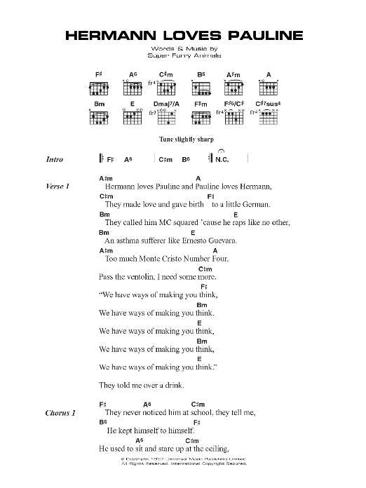 Download Super Furry Animals Hermann Loves Pauline Sheet Music and learn how to play Lyrics & Chords PDF digital score in minutes
