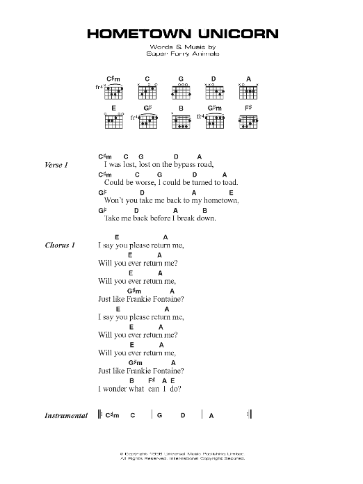 Download Super Furry Animals Hometown Unicorn Sheet Music and learn how to play Lyrics & Chords PDF digital score in minutes