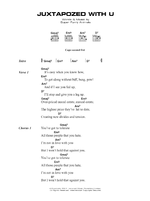 Download Super Furry Animals Juxtapozed With U Sheet Music and learn how to play Lyrics & Chords PDF digital score in minutes