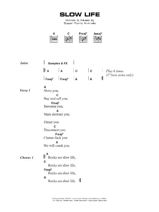 Download Super Furry Animals Slow Life Sheet Music and learn how to play Lyrics & Chords PDF digital score in minutes