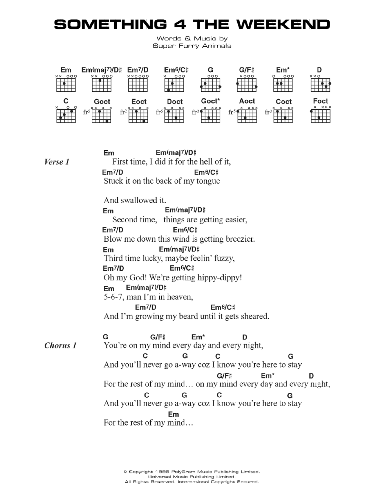 Download Super Furry Animals Something 4 The Weekend Sheet Music and learn how to play Guitar Chords/Lyrics PDF digital score in minutes
