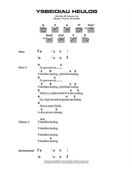Download Super Furry Animals Ysbeidiau Heulog Sheet Music and learn how to play Lyrics & Chords PDF digital score in minutes