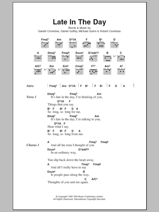 Download Supergrass Late In The Day Sheet Music and learn how to play Lyrics & Chords PDF digital score in minutes