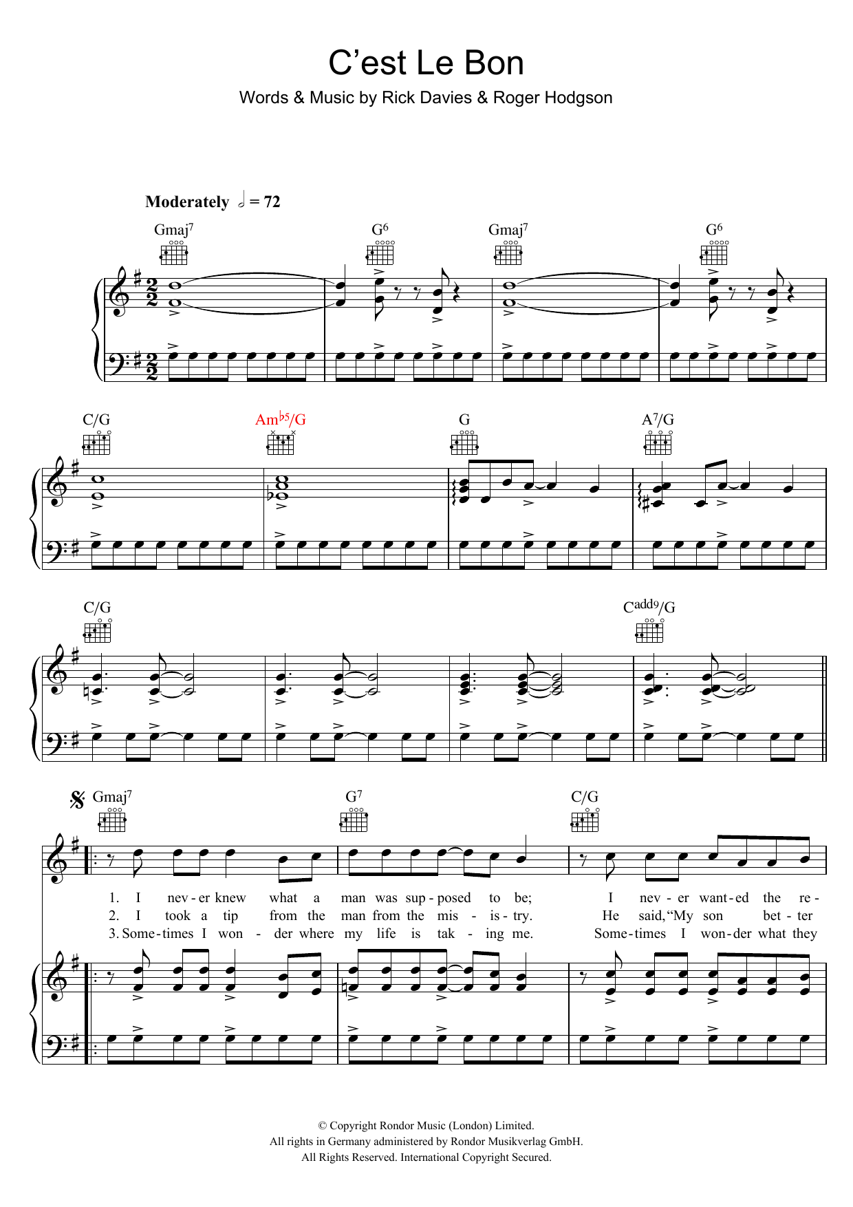 Download Supertramp C'est Le Bon Sheet Music and learn how to play Piano, Vocal & Guitar (Right-Hand Melody) PDF digital score in minutes