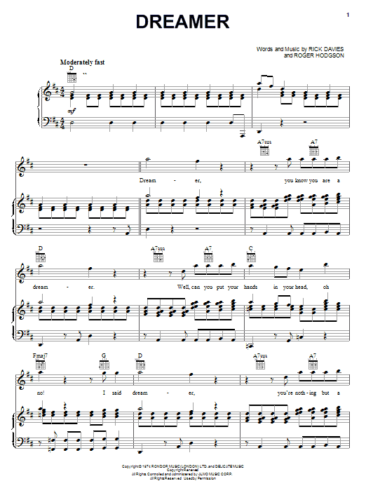 Download Supertramp Dreamer Sheet Music and learn how to play Melody Line, Lyrics & Chords PDF digital score in minutes