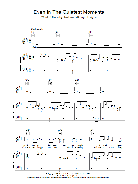 Download Supertramp Even In The Quietest Moments Sheet Music and learn how to play Lyrics & Chords PDF digital score in minutes