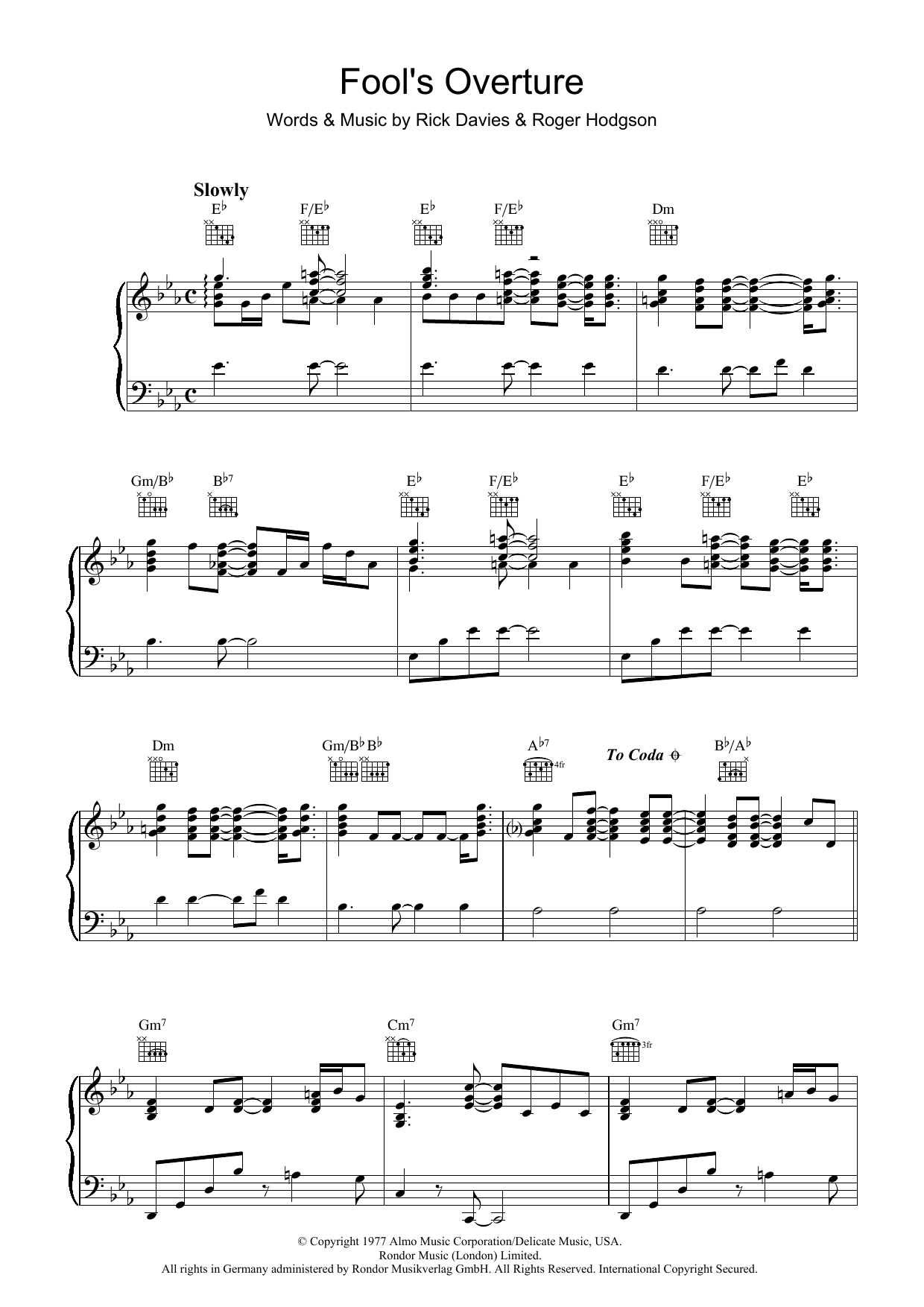 Download Supertramp Fool's Overture Sheet Music and learn how to play Piano, Vocal & Guitar (Right-Hand Melody) PDF digital score in minutes