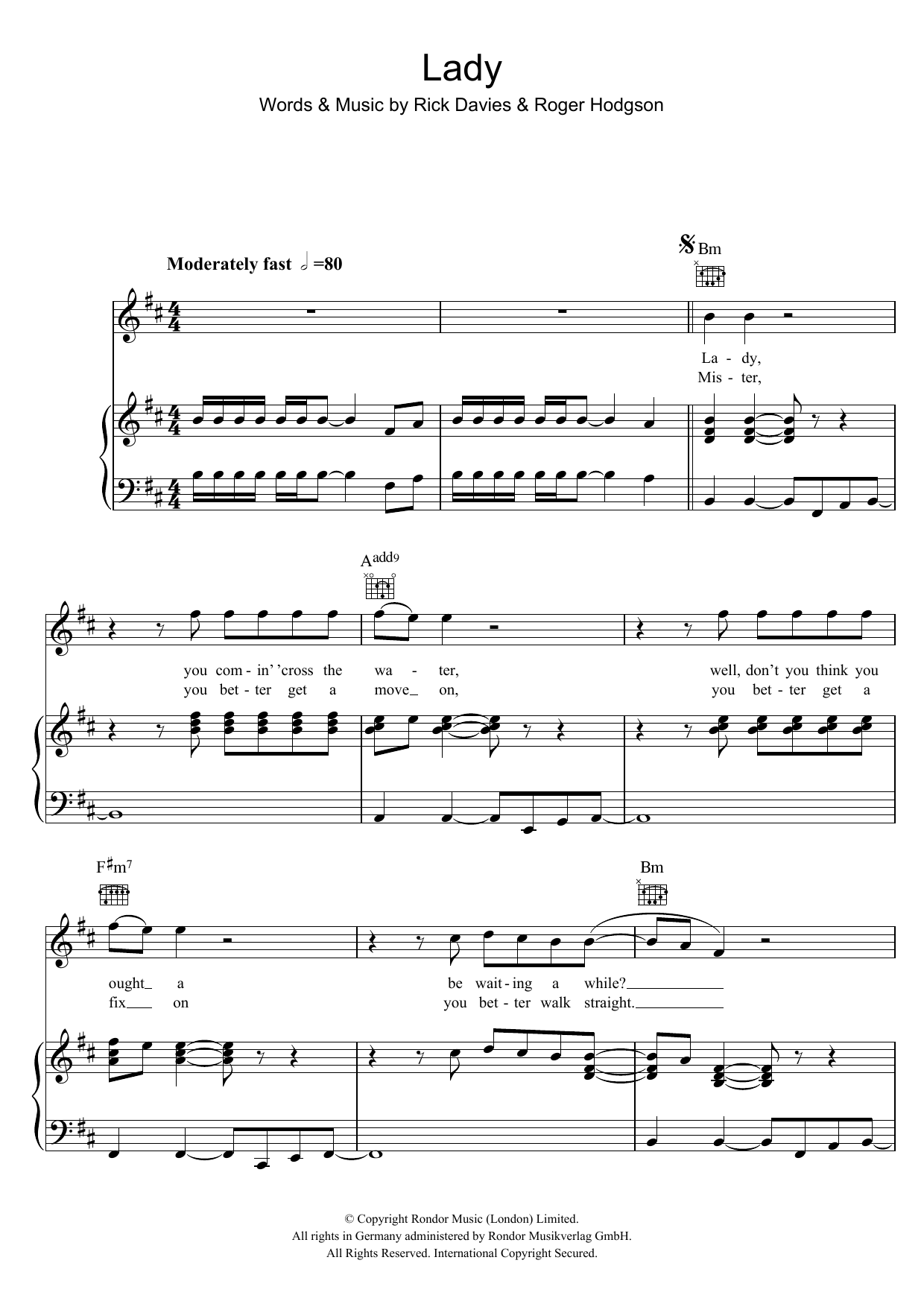 Download Supertramp Lady Sheet Music and learn how to play Piano, Vocal & Guitar (Right-Hand Melody) PDF digital score in minutes