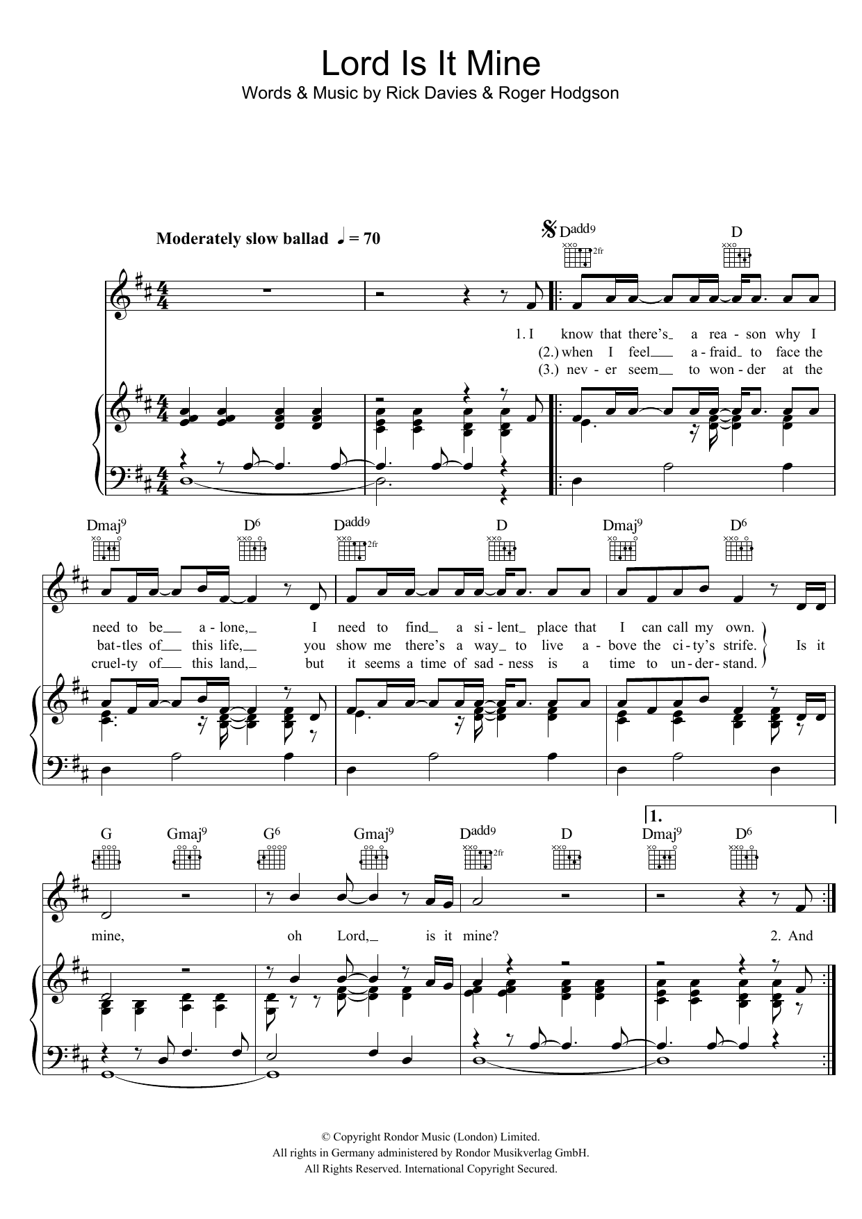 Download Supertramp Lord Is It Mine Sheet Music and learn how to play Piano, Vocal & Guitar (Right-Hand Melody) PDF digital score in minutes