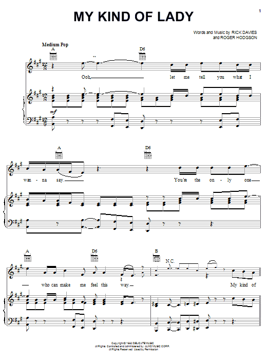 Download Supertramp My Kind Of Lady Sheet Music and learn how to play Piano, Vocal & Guitar (Right-Hand Melody) PDF digital score in minutes