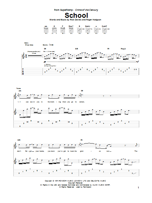 Download Supertramp School Sheet Music and learn how to play Guitar Tab PDF digital score in minutes