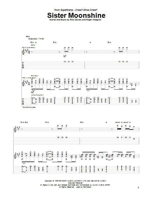 Download Supertramp Sister Moonshine Sheet Music and learn how to play Guitar Tab PDF digital score in minutes