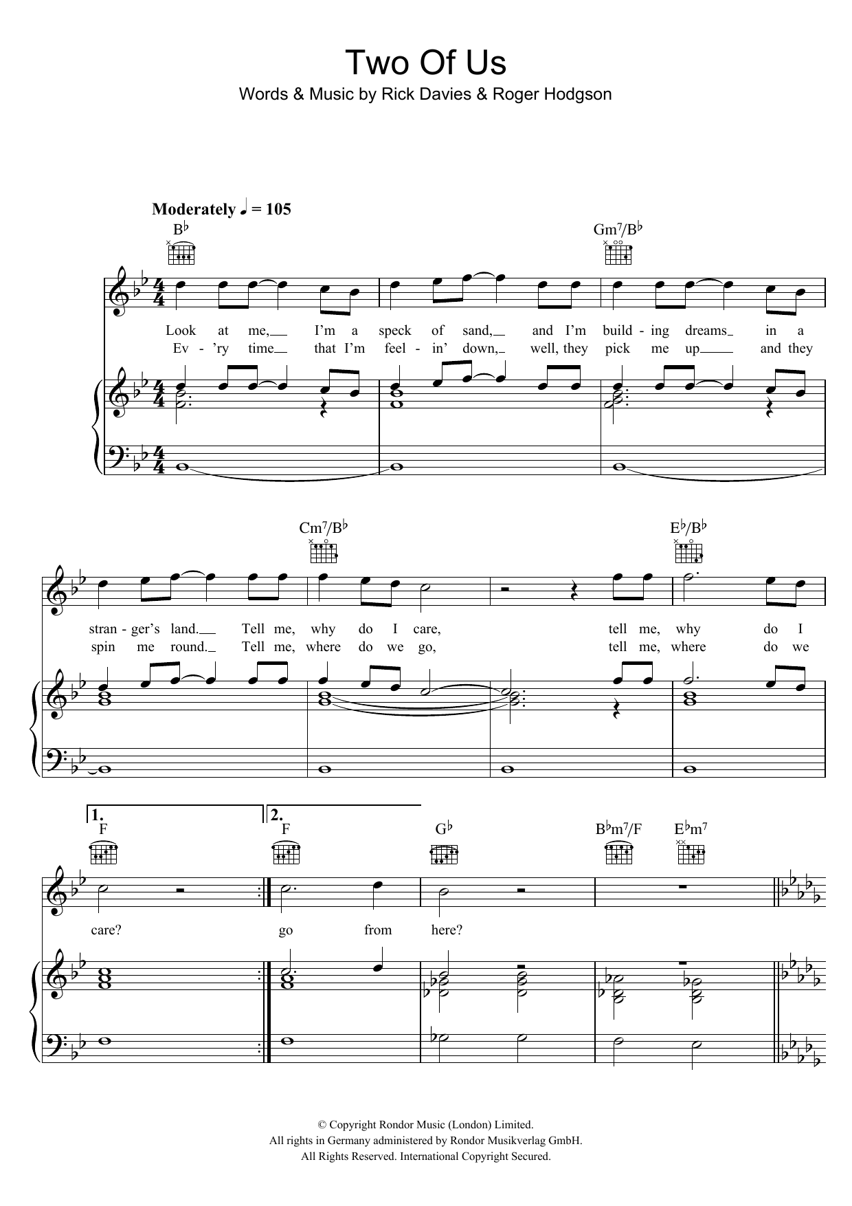 Download Supertramp Two Of Us Sheet Music and learn how to play Piano, Vocal & Guitar (Right-Hand Melody) PDF digital score in minutes