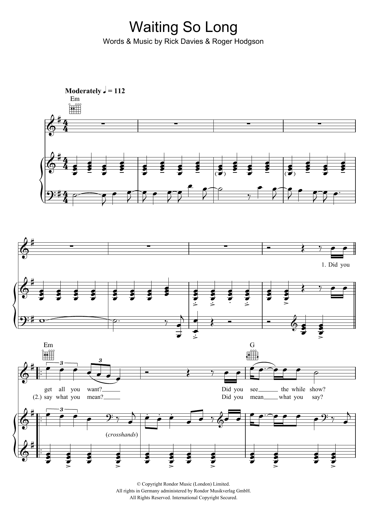 Download Supertramp Waiting So Long Sheet Music and learn how to play Piano, Vocal & Guitar (Right-Hand Melody) PDF digital score in minutes