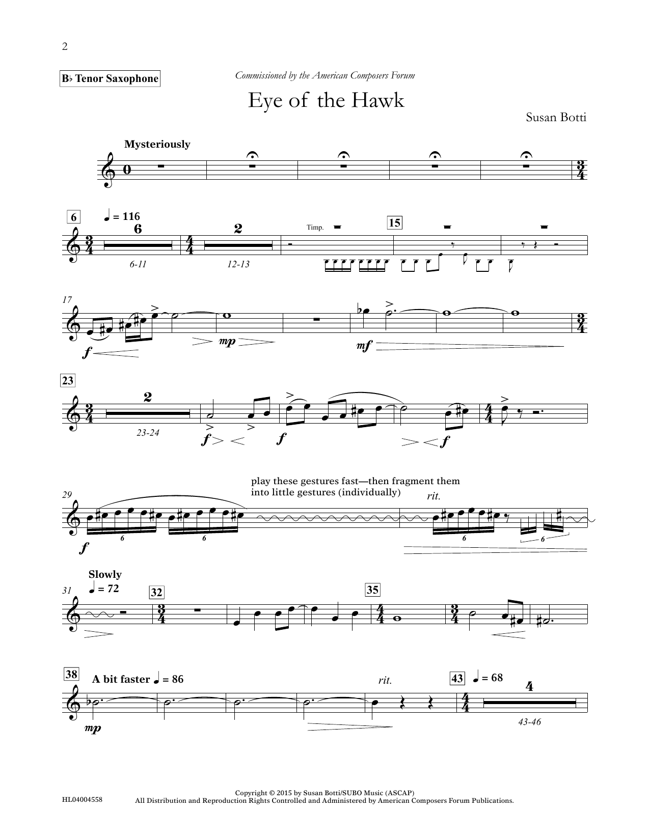 Download Susan Botti Eye of the Hawk - Bb Tenor Saxophone Sheet Music and learn how to play Concert Band PDF digital score in minutes