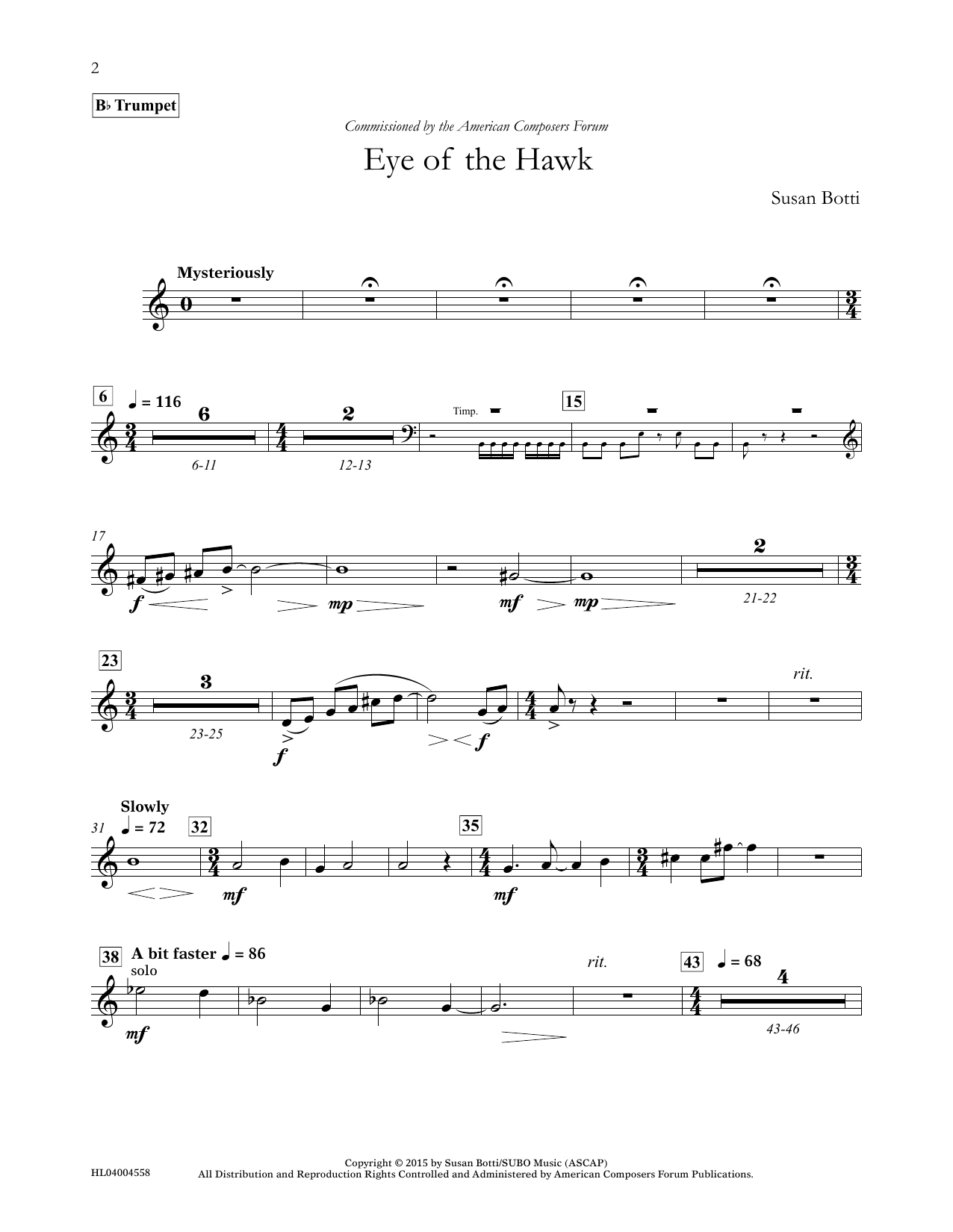 Download Susan Botti Eye of the Hawk - Bb Trumpet Sheet Music and learn how to play Concert Band PDF digital score in minutes