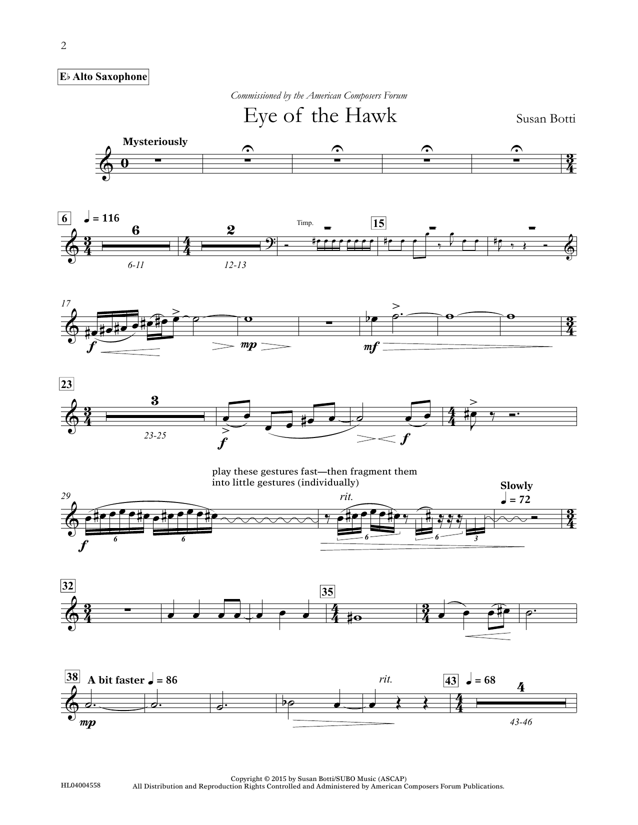 Download Susan Botti Eye of the Hawk - Eb Alto Saxophone Sheet Music and learn how to play Concert Band PDF digital score in minutes