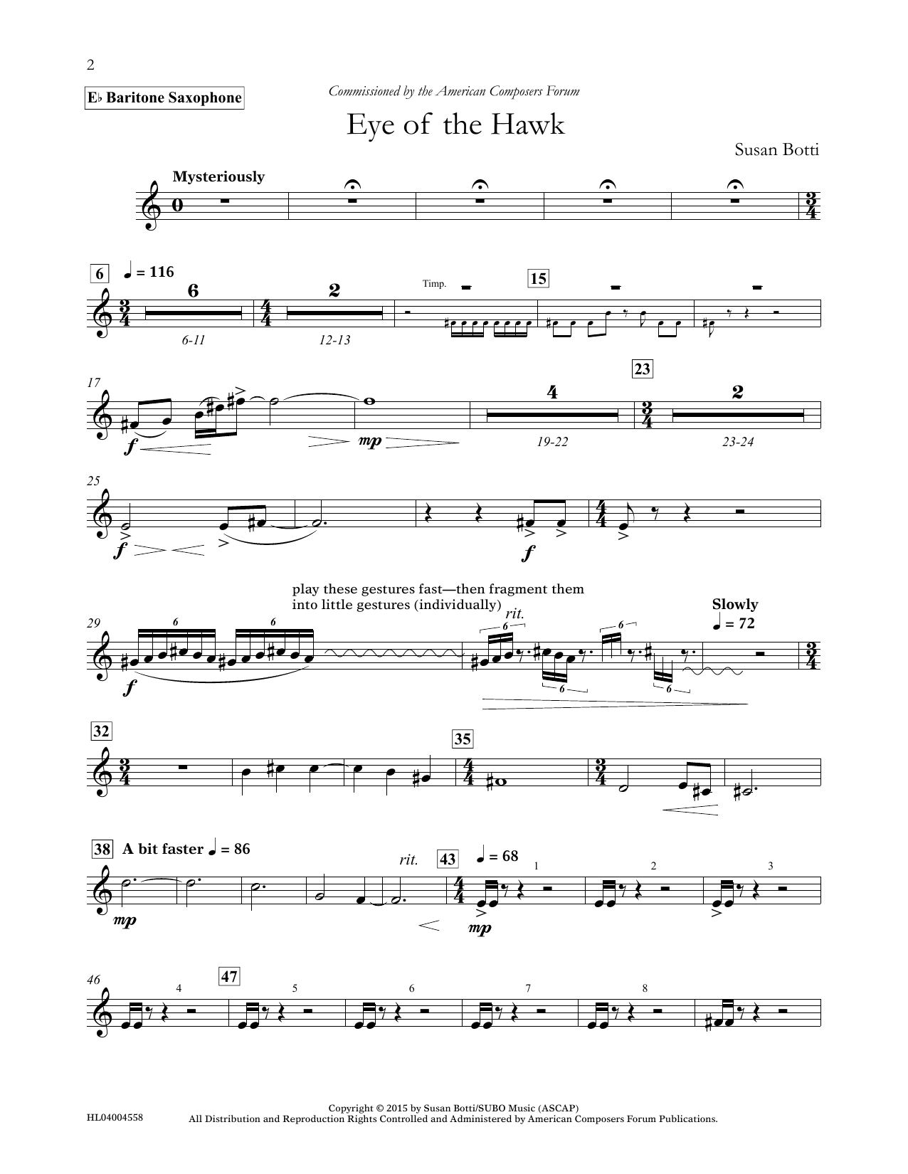 Download Susan Botti Eye of the Hawk - Eb Baritone Saxophone Sheet Music and learn how to play Concert Band PDF digital score in minutes