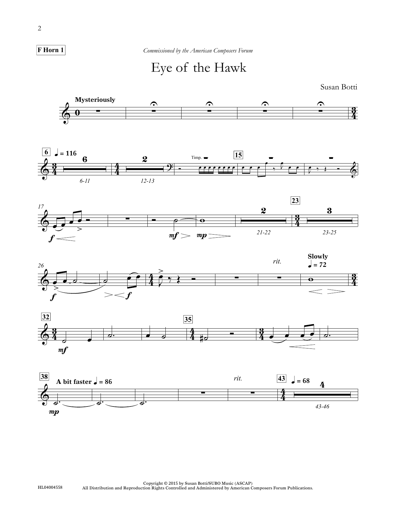 Download Susan Botti Eye of the Hawk - F Horn 1 Sheet Music and learn how to play Concert Band PDF digital score in minutes