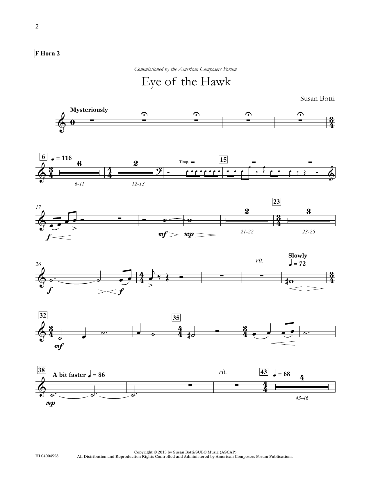 Download Susan Botti Eye of the Hawk - F Horn 2 Sheet Music and learn how to play Concert Band PDF digital score in minutes