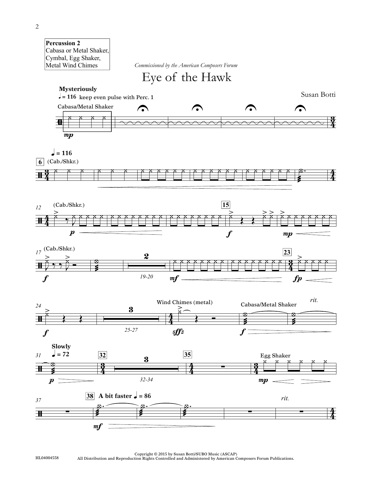 Download Susan Botti Eye of the Hawk - Percussion 2 Sheet Music and learn how to play Concert Band PDF digital score in minutes