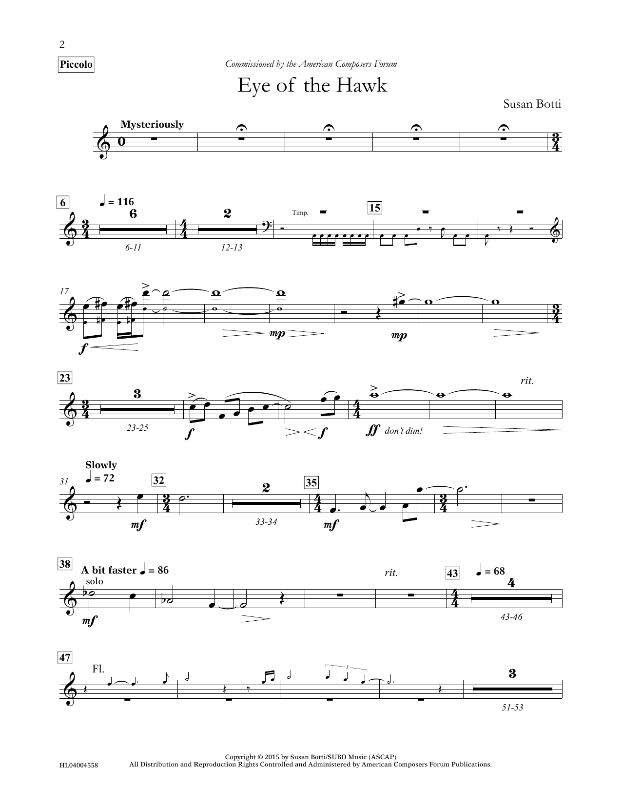 Download Susan Botti Eye of the Hawk - Piccolo Sheet Music and learn how to play Concert Band PDF digital score in minutes
