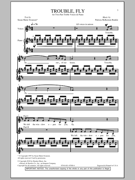Download Susan Marie Swanson Trouble, Fly Sheet Music and learn how to play 2-Part Choir PDF digital score in minutes