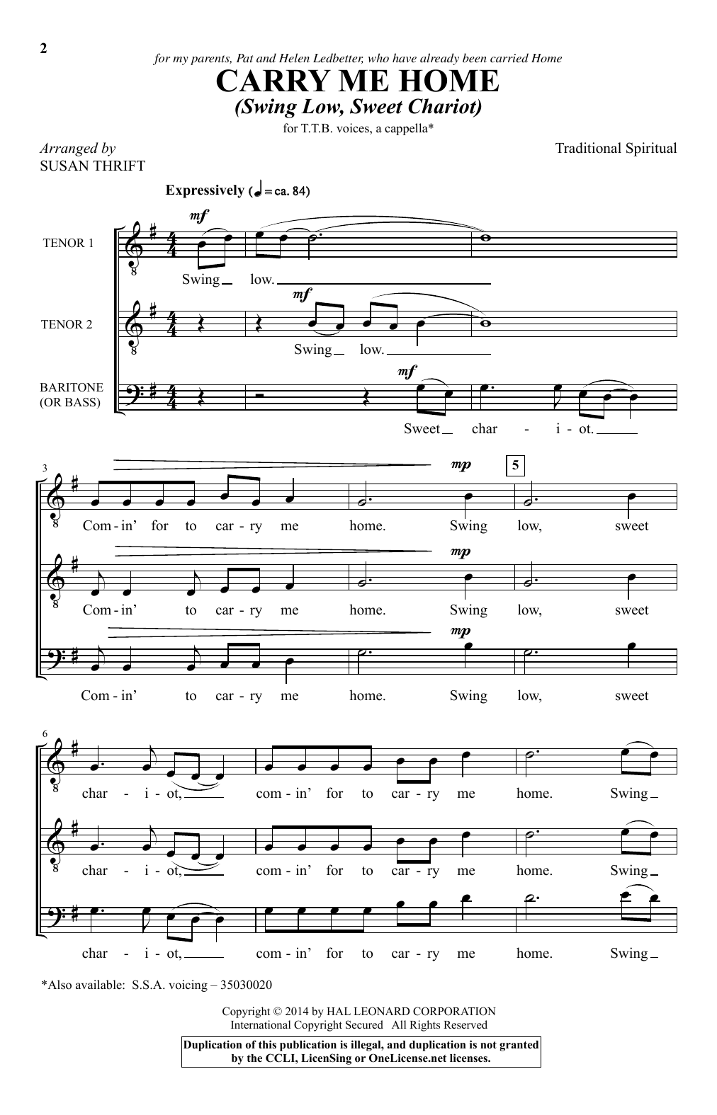 Download African-American Spiritual Carry Me Home (Swing Low, Sweet Chariot) (arr. Susan Thrift) Sheet Music and learn how to play Choral TTB PDF digital score in minutes